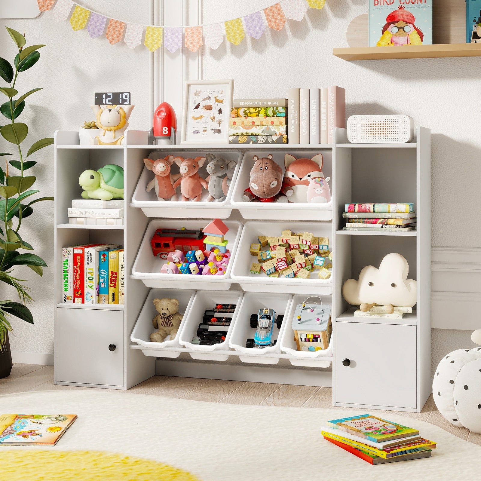 Kids Toy Storage and Bookshelf with Boxes and Open Shelves