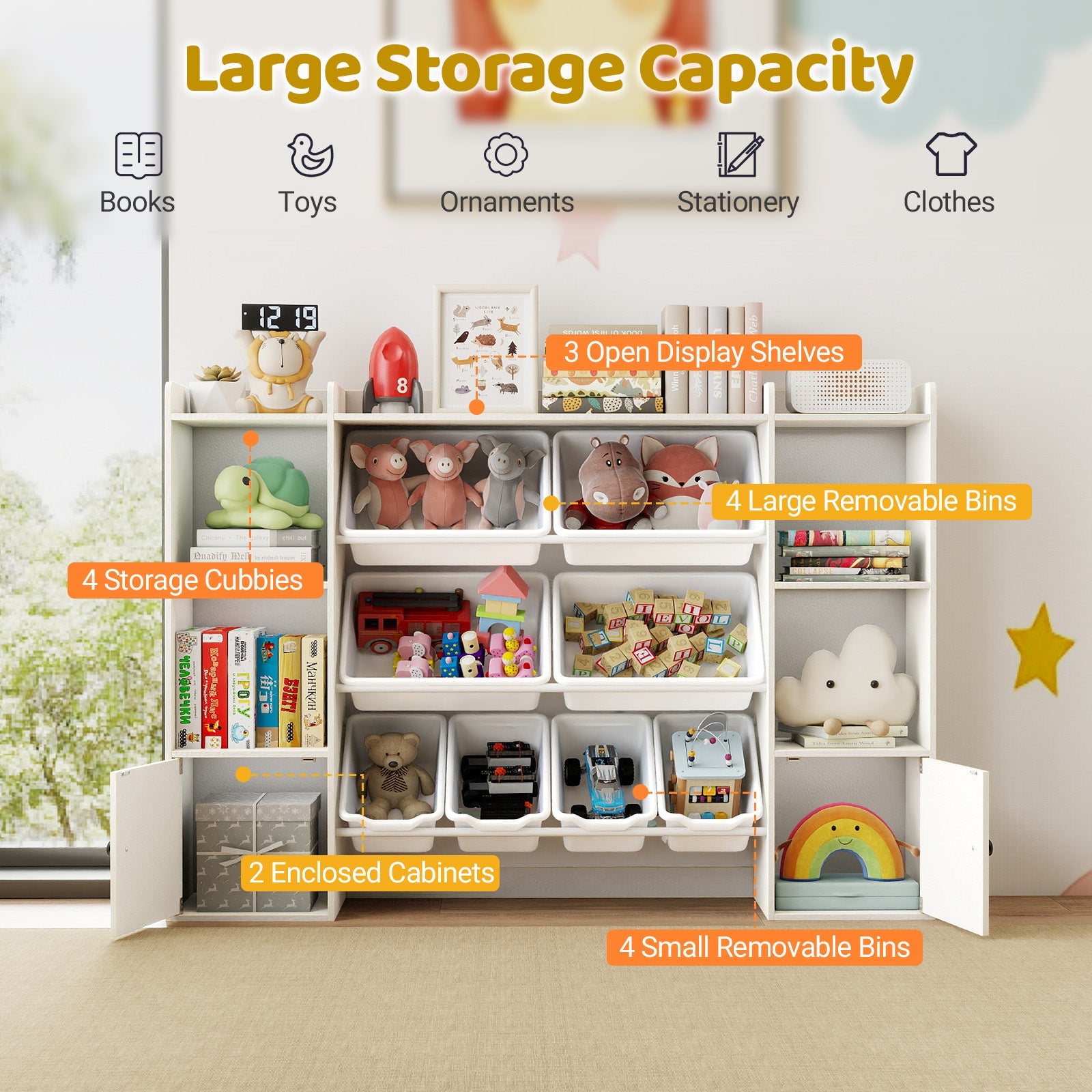 Kids Toy Storage and Bookshelf with Boxes and Open Shelves