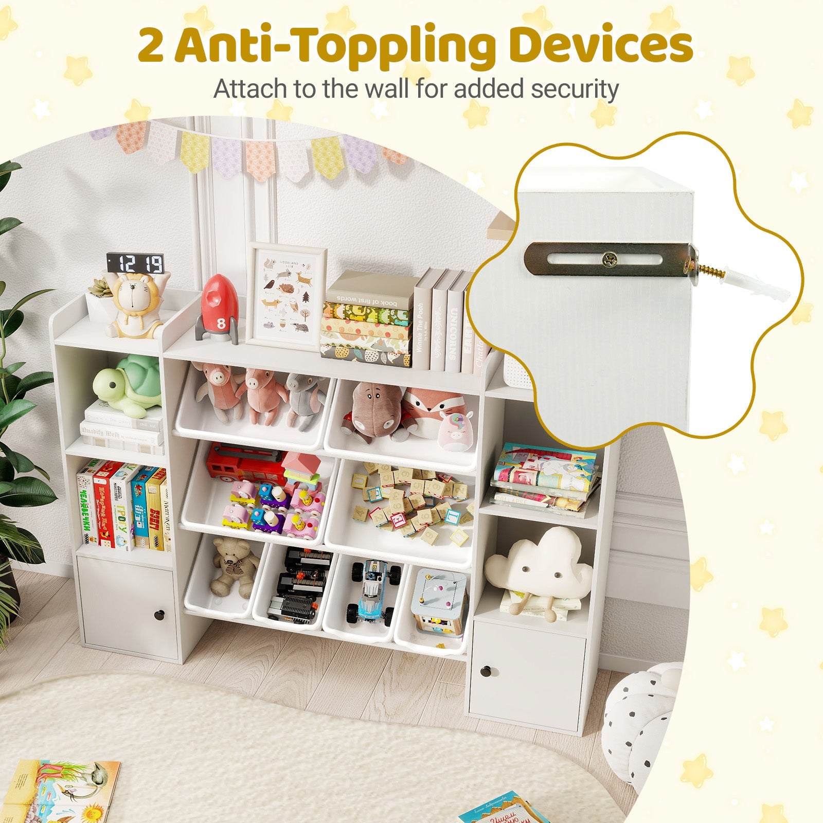 Kids Toy Storage and Bookshelf with Boxes and Open Shelves