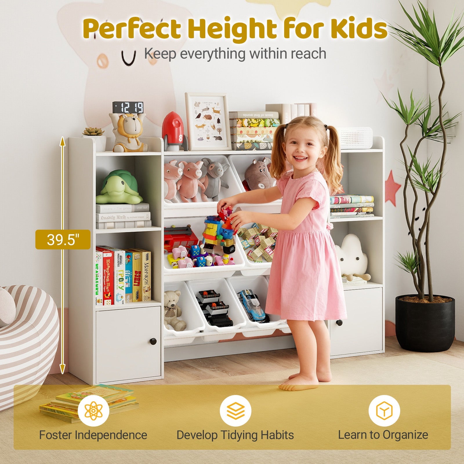 Kids Toy Storage and Bookshelf with Boxes and Open Shelves