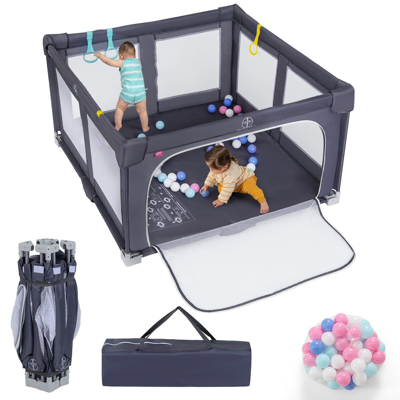 Large Baby Playpen BPA-Free Foldable Toddlers Safety Fence Play Yard-Dark Grey