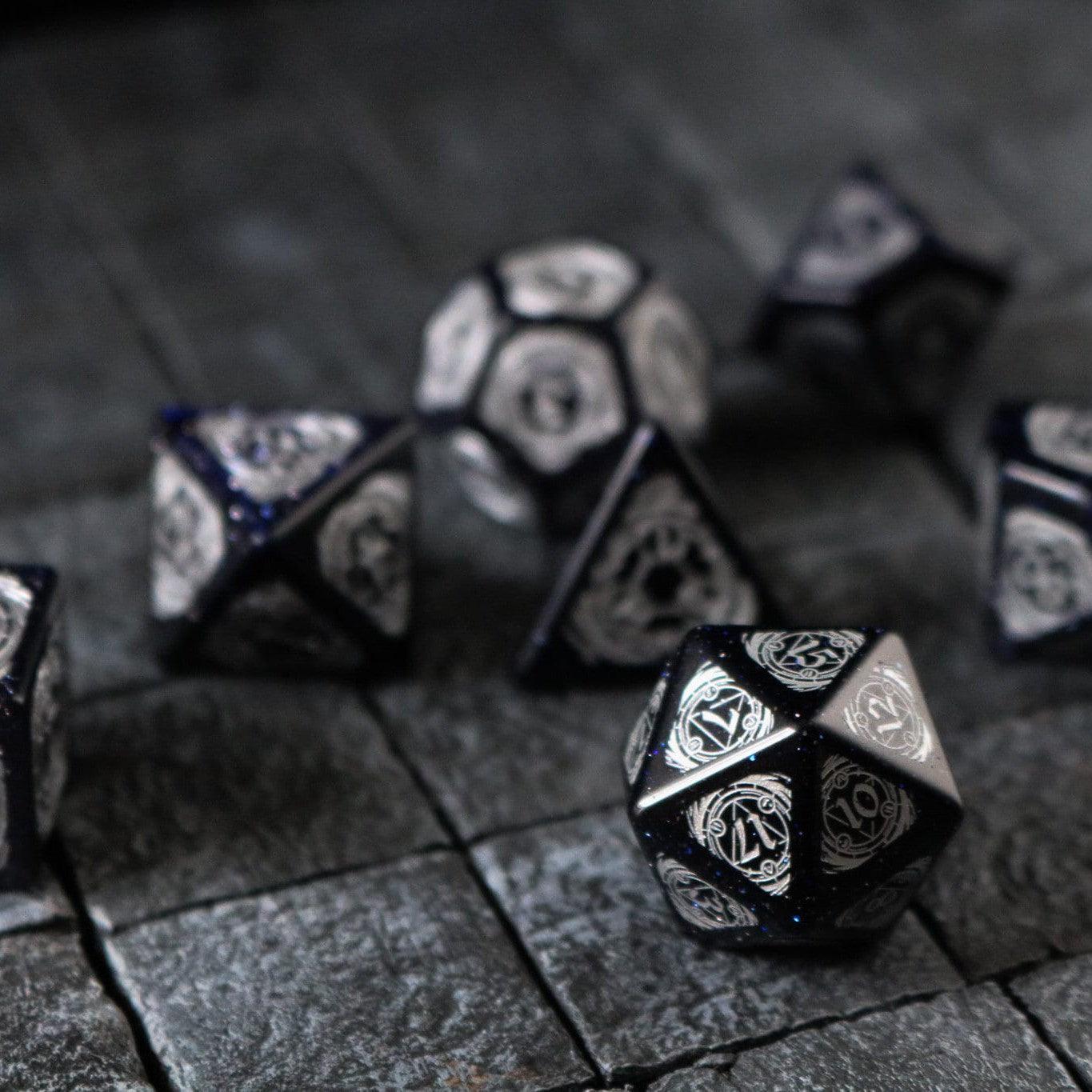 Mage Fury Blue Sandstone Silver Font Gemstone DND Dice Set - The misfit market