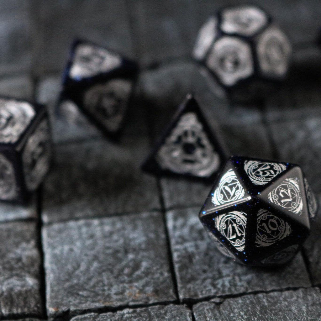 Mage Fury Blue Sandstone Silver Font Gemstone DND Dice Set - The misfit market