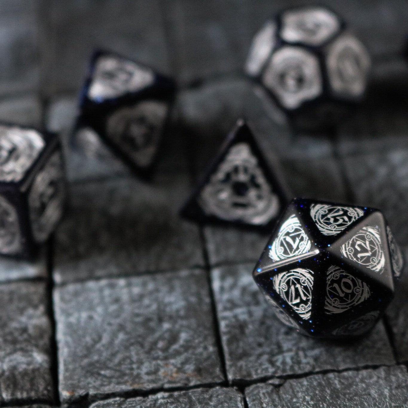 Mage Fury Blue Sandstone Silver Font Gemstone DND Dice Set - The misfit market