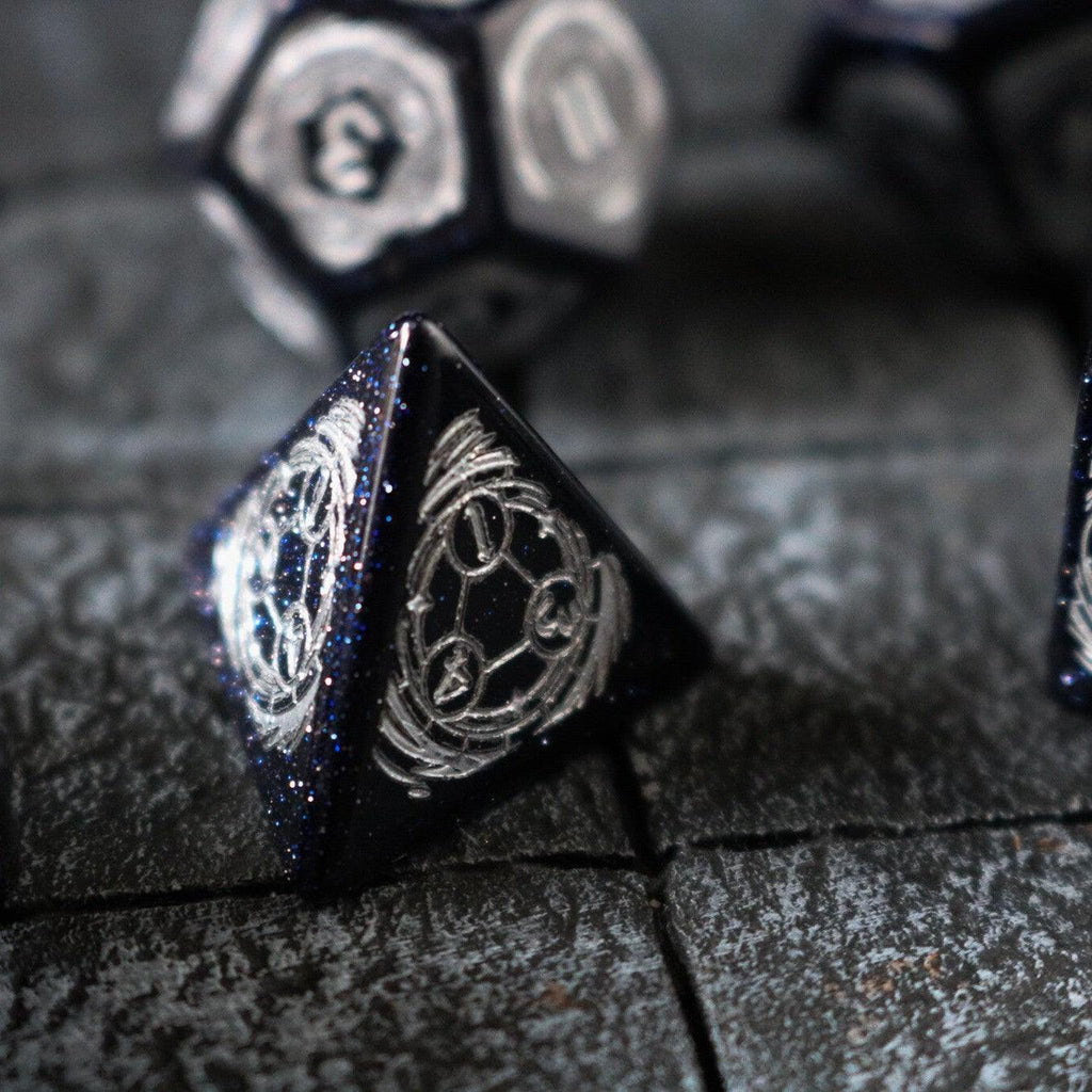 Mage Fury Blue Sandstone Silver Font Gemstone DND Dice Set - The misfit market