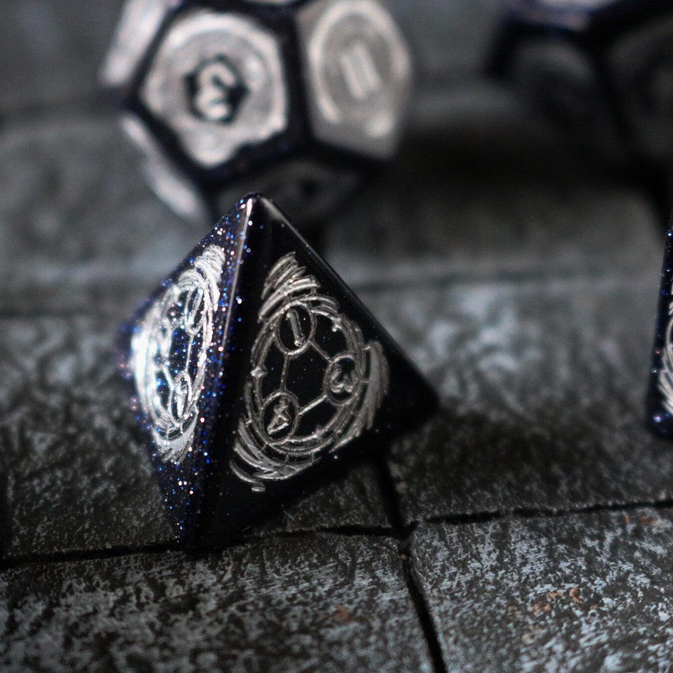 Mage Fury Blue Sandstone Silver Font Gemstone DND Dice Set - The misfit market