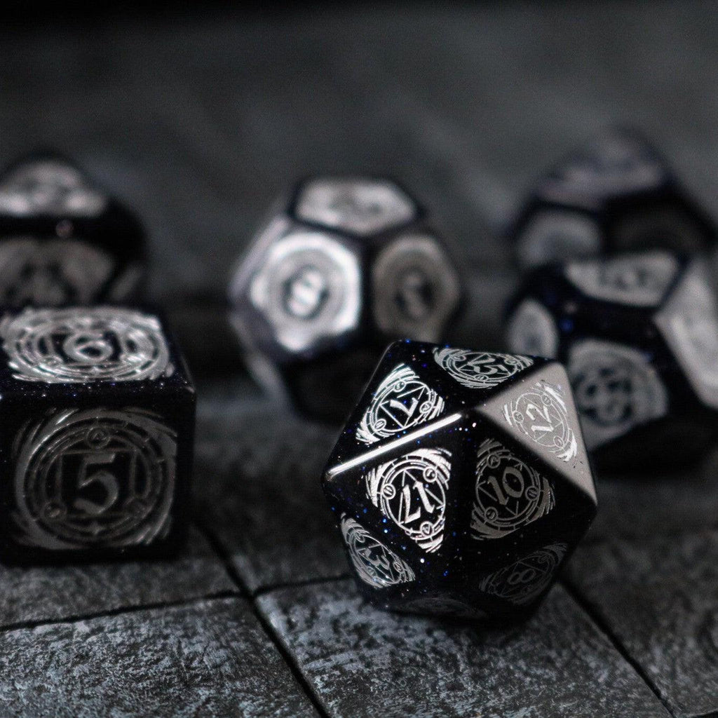 Mage Fury Blue Sandstone Silver Font Gemstone DND Dice Set - The misfit market