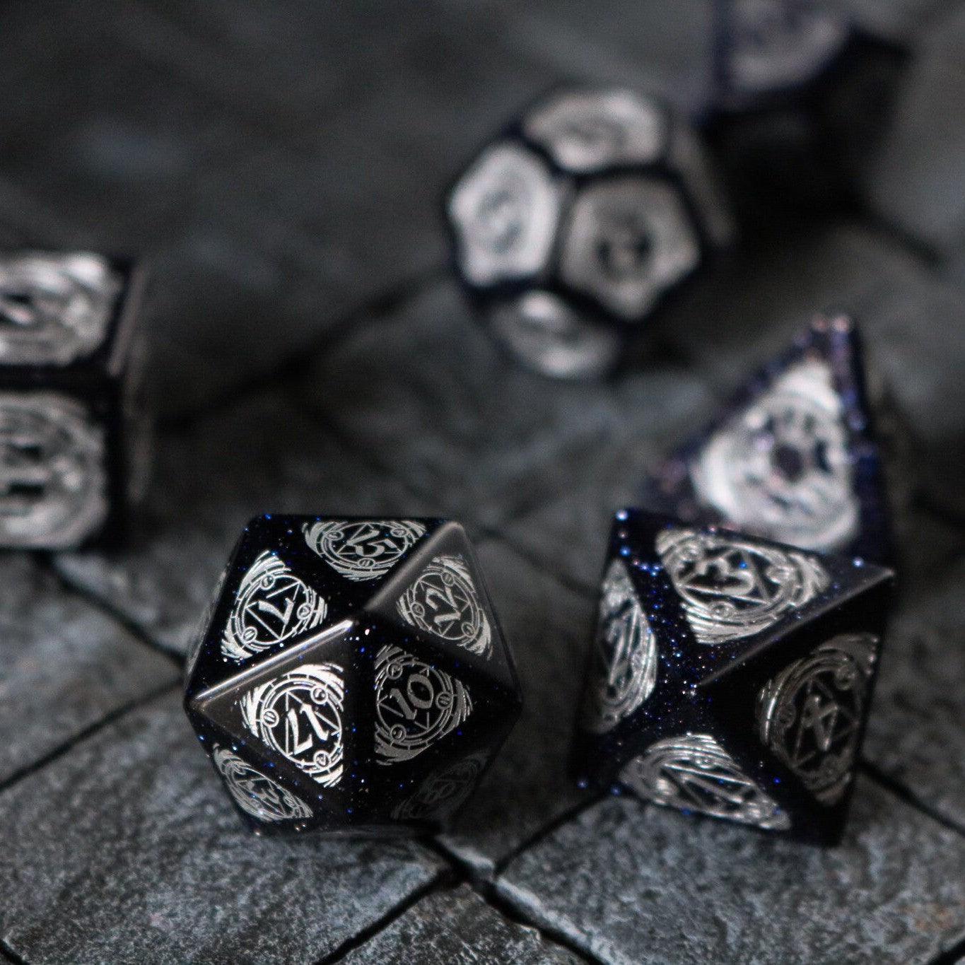 Mage Fury Blue Sandstone Silver Font Gemstone DND Dice Set - The misfit market