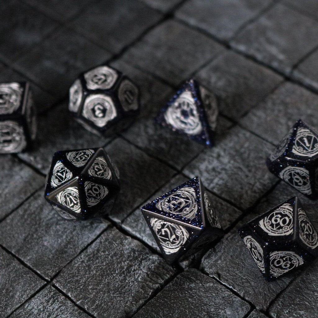 Mage Fury Blue Sandstone Silver Font Gemstone DND Dice Set - The misfit market