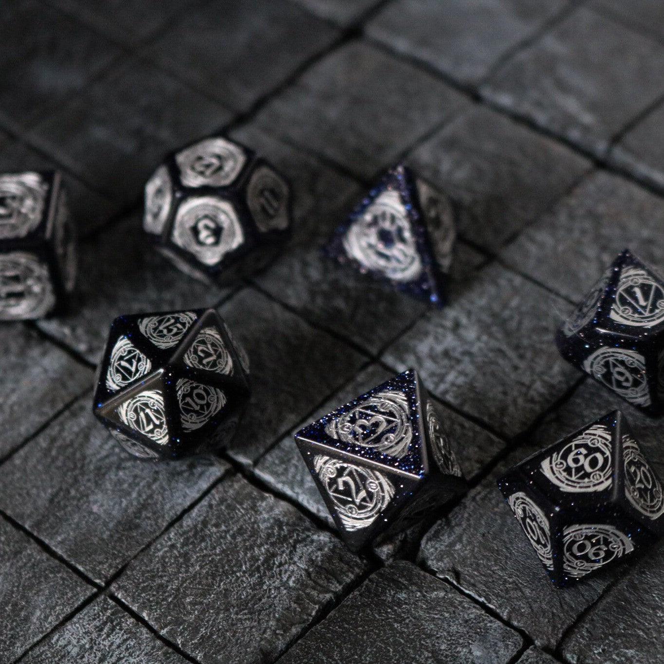Mage Fury Blue Sandstone Silver Font Gemstone DND Dice Set - The misfit market