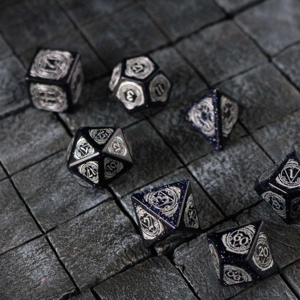 Mage Fury Blue Sandstone Silver Font Gemstone DND Dice Set - The misfit market