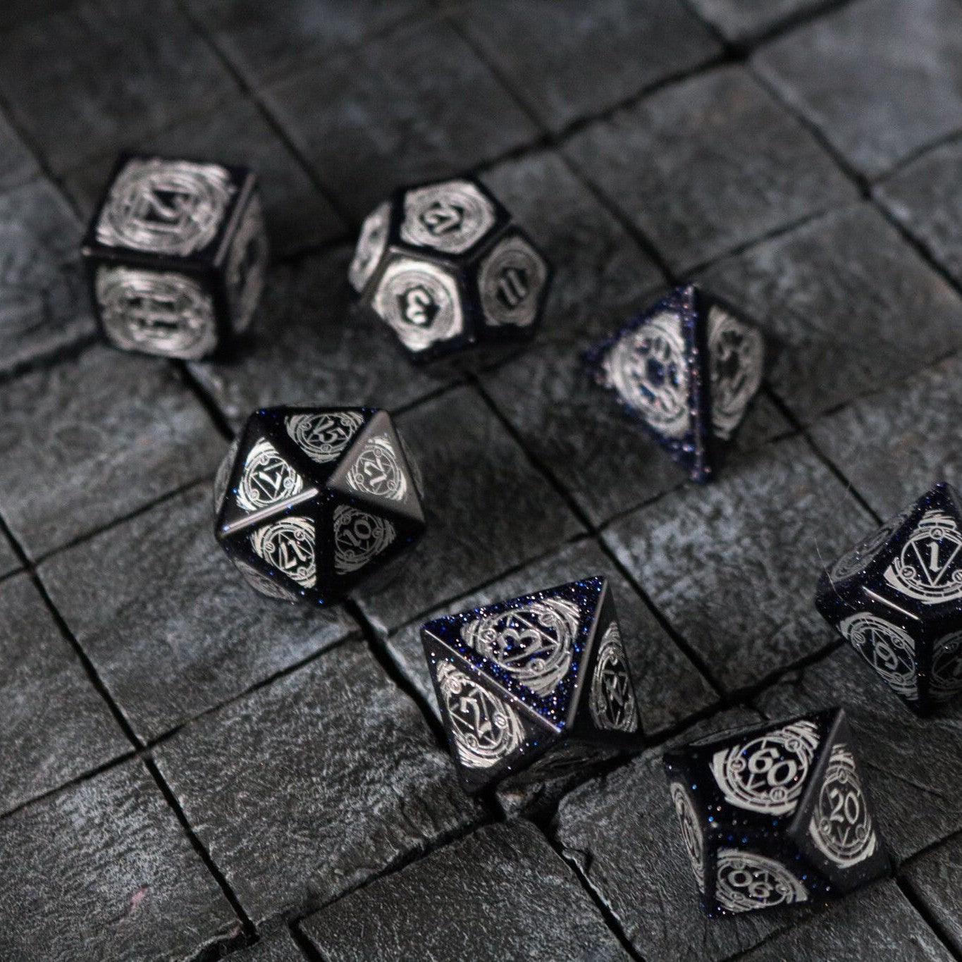 Mage Fury Blue Sandstone Silver Font Gemstone DND Dice Set - The misfit market