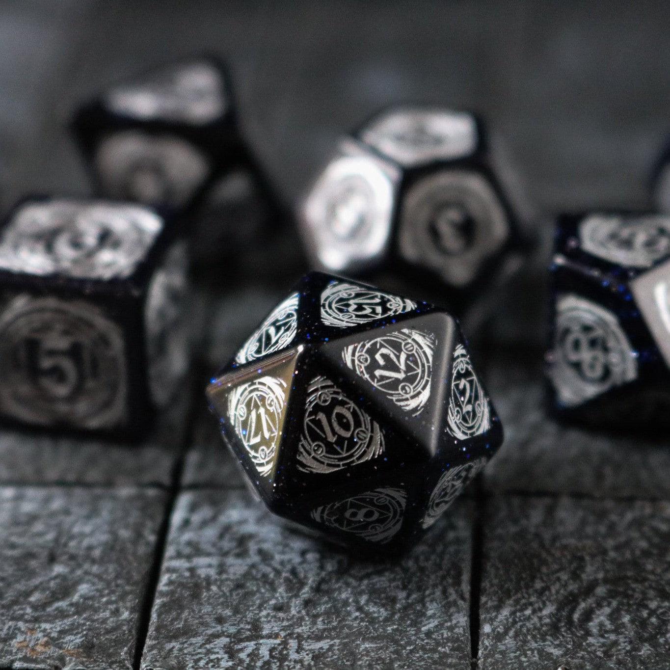 Mage Fury Blue Sandstone Silver Font Gemstone DND Dice Set - The misfit market