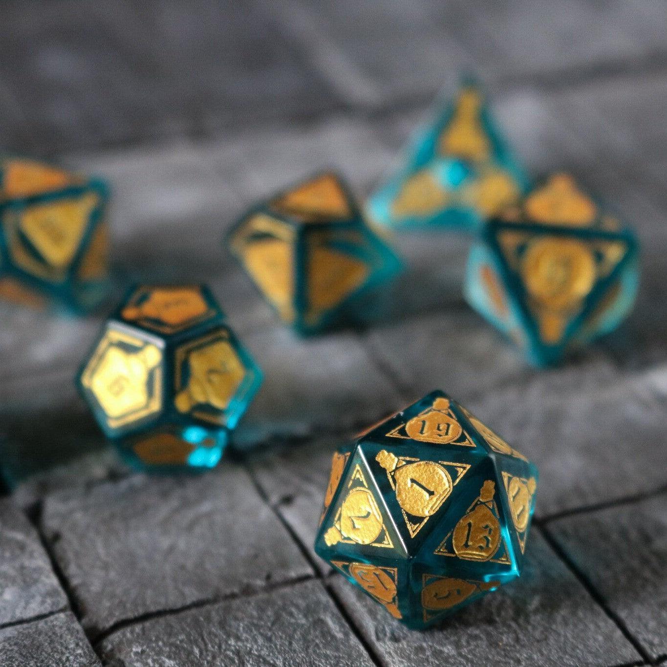 Mana Potion Blue Zircon Glass DND Dice Set - The misfit market