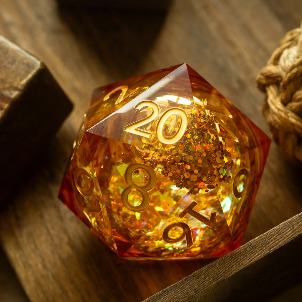 Massive Gold And Glitter Fireball Liquid Core 95MM Chonk Handmade Resin Dice And Box - The misfit market