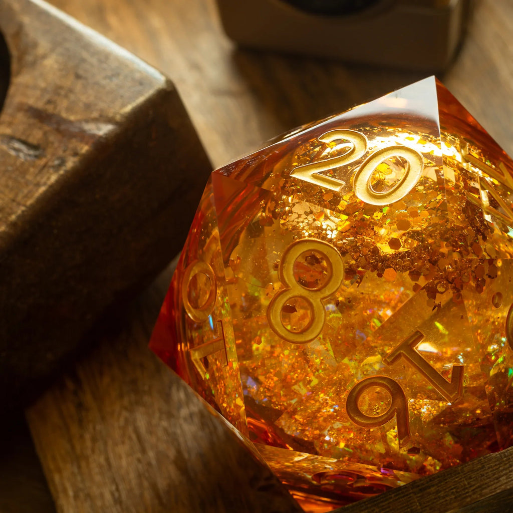 Massive Gold And Glitter Fireball Liquid Core 95MM Chonk Handmade Resin Dice And Box - The misfit market