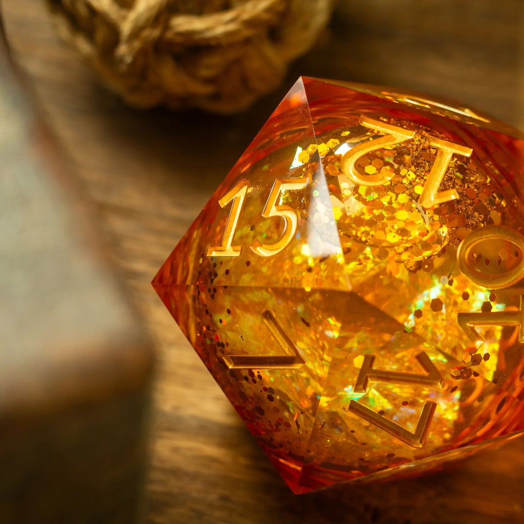 Massive Gold And Glitter Fireball Liquid Core 95MM Chonk Handmade Resin Dice And Box - The misfit market