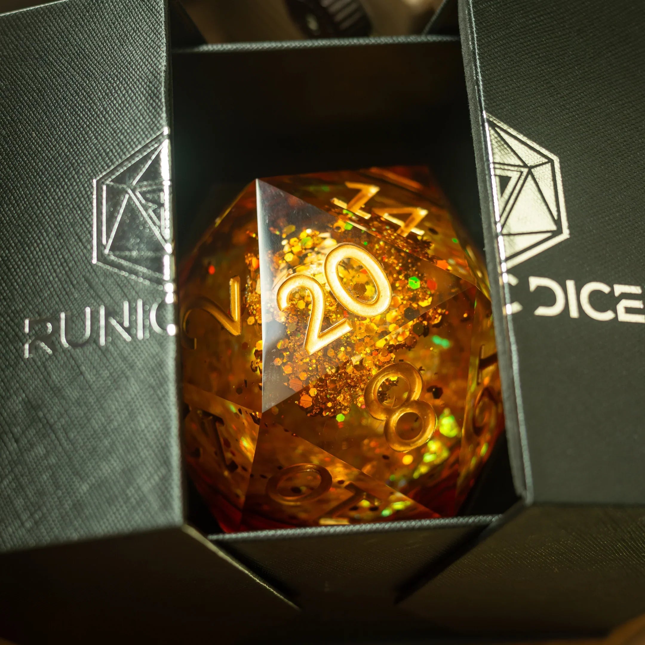 Massive Gold And Glitter Fireball Liquid Core 95MM Chonk Handmade Resin Dice And Box - The misfit market