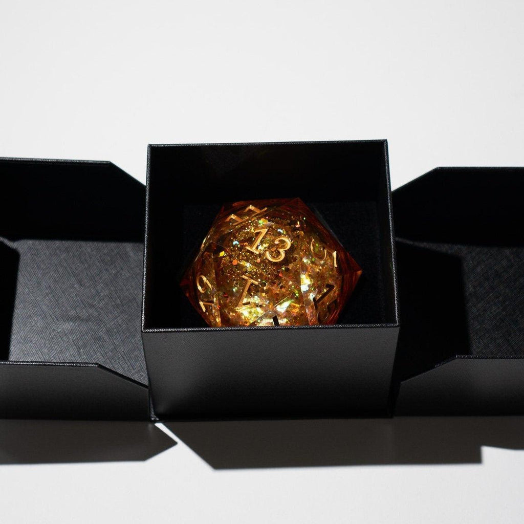 Massive Gold And Glitter Fireball Liquid Core 95MM Chonk Handmade Resin Dice And Box - The misfit market