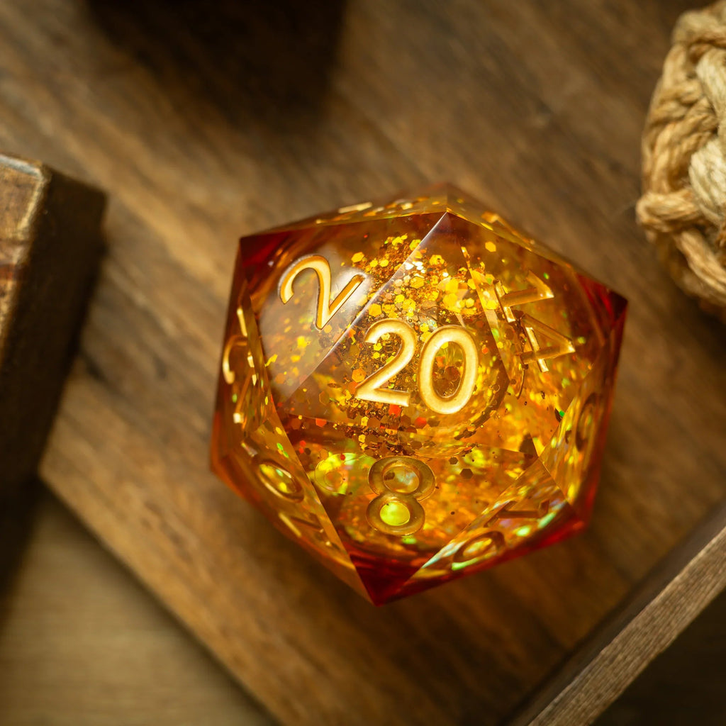 Massive Gold And Glitter Fireball Liquid Core 95MM Chonk Handmade Resin Dice And Box - The misfit market