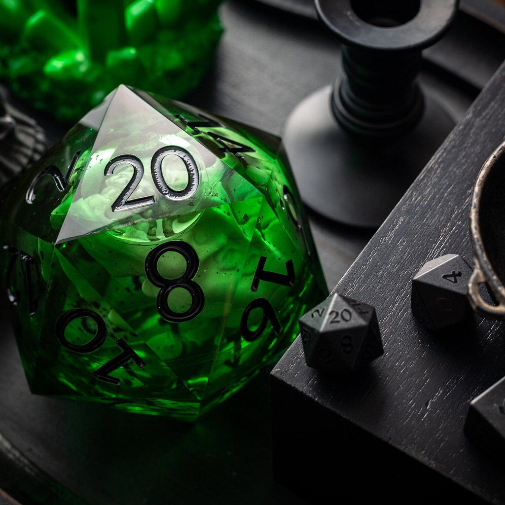 Massive Green Skull Liquid Core 95MM Chonk Handmade Resin Dice And Box - The misfit market