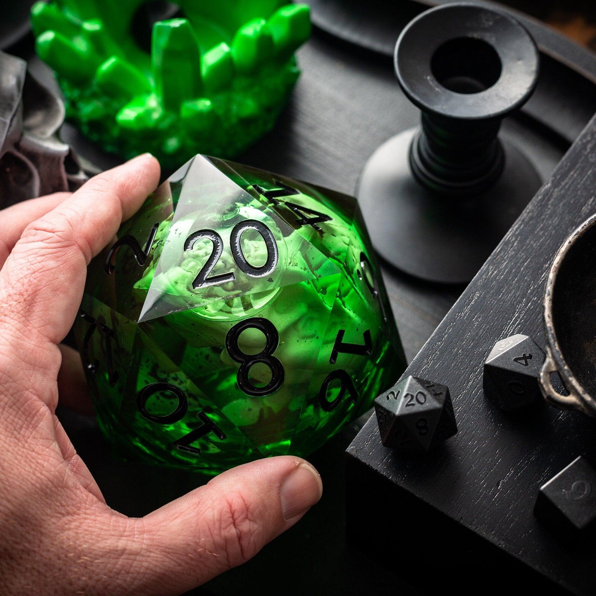 Massive Green Skull Liquid Core 95MM Chonk Handmade Resin Dice And Box - The misfit market