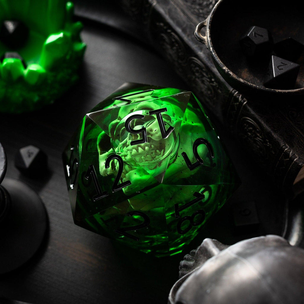 Massive Green Skull Liquid Core 95MM Chonk Handmade Resin Dice And Box - The misfit market