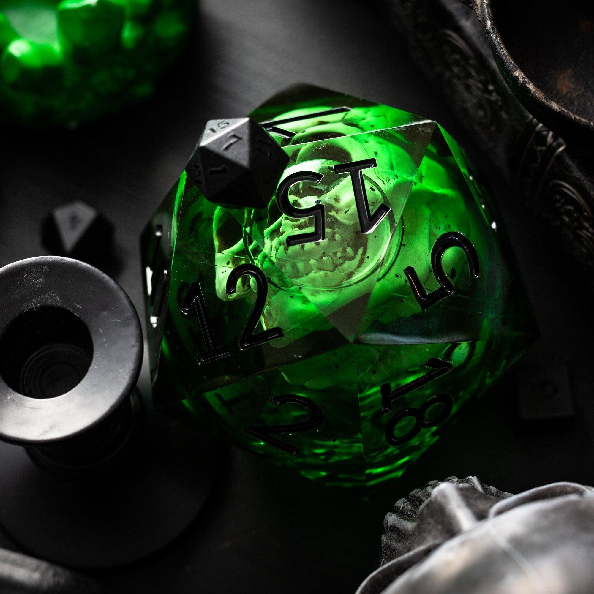 Massive Green Skull Liquid Core 95MM Chonk Handmade Resin Dice And Box - The misfit market