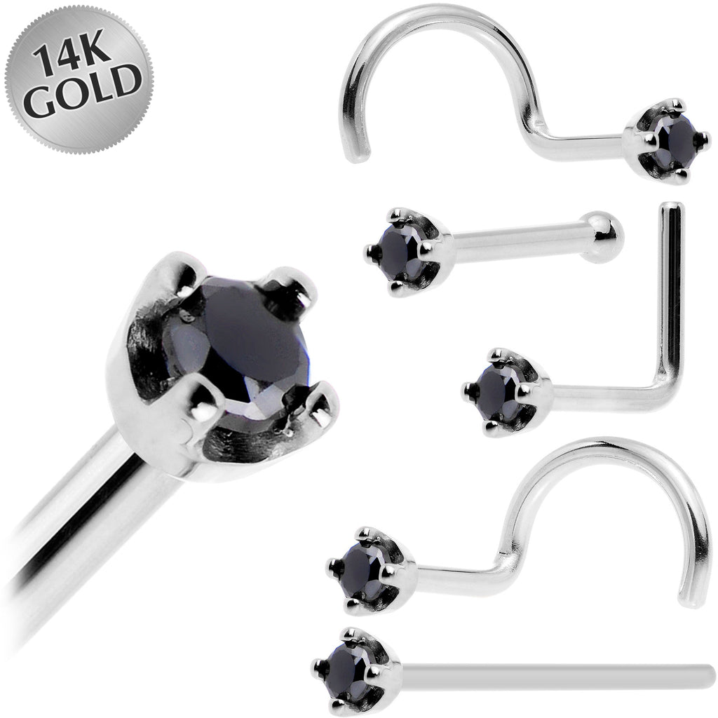 Four-piece 14K gold nose stud set featuring curved, straight, and L-shaped posts with round black gemstones, shown on a white background with a '14K GOLD' badge.