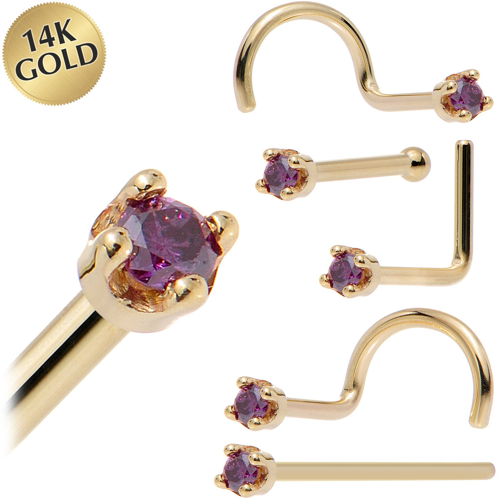 Gold nose ring set with purple gemstones and '14K Gold' label on a white background