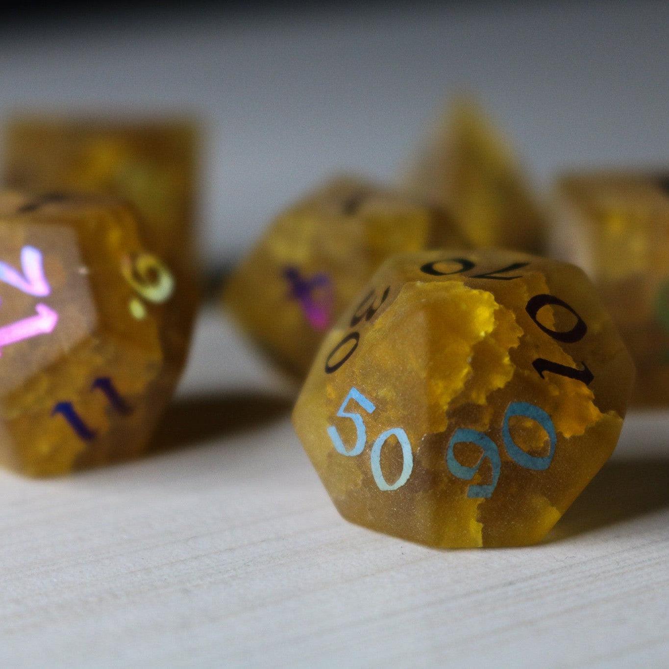 Orange Halloween Pumpkin Inked Lightning Cracked Glass DND Dice Set - The misfit market