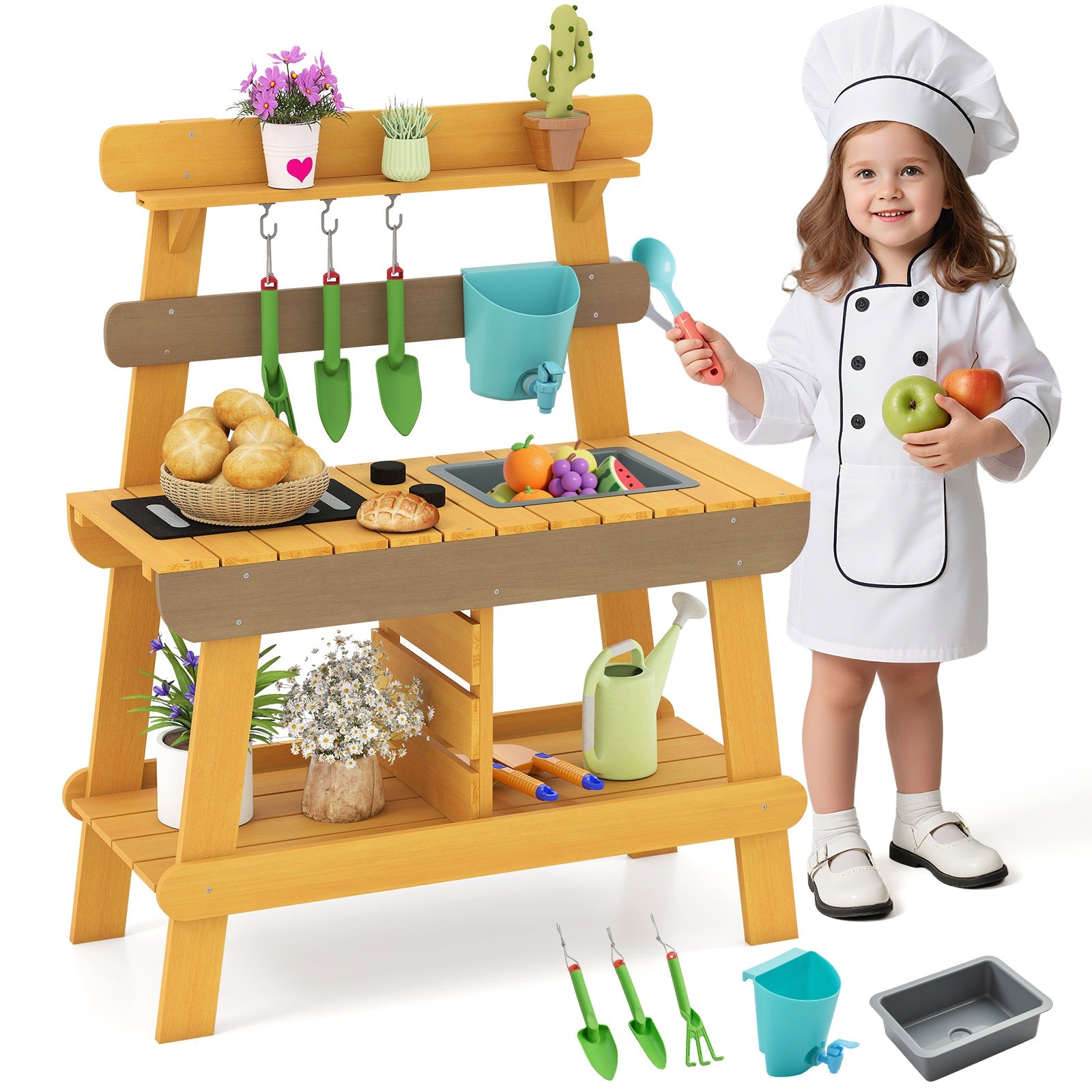 Outdoor Mud Kitchen for Kids Wooden Play Kitchen Toy for Boys Girls Aged 3-8-Yellow