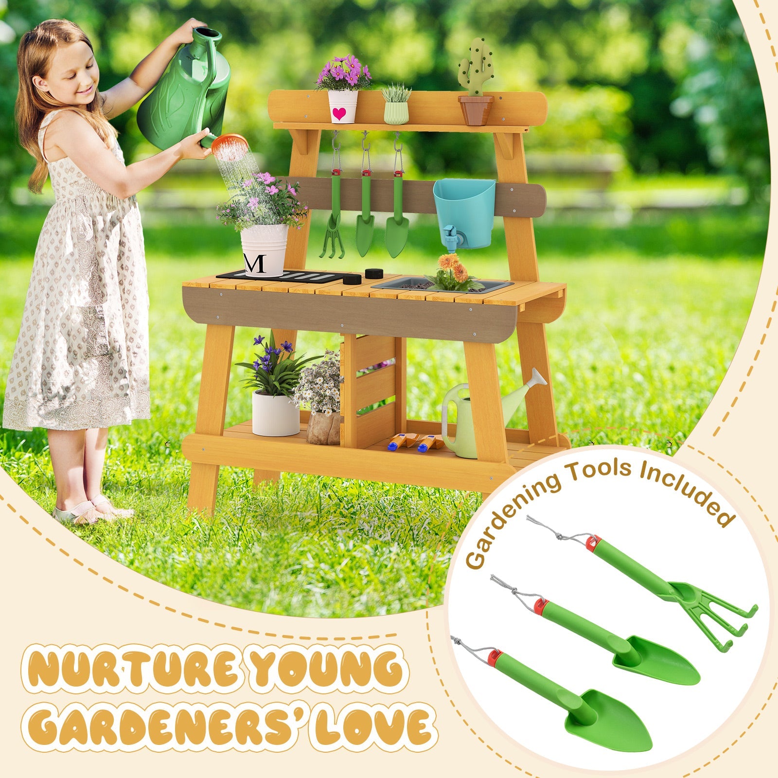Outdoor Mud Kitchen for Kids Wooden Play Kitchen Toy for Boys Girls Aged 3-8-Yellow