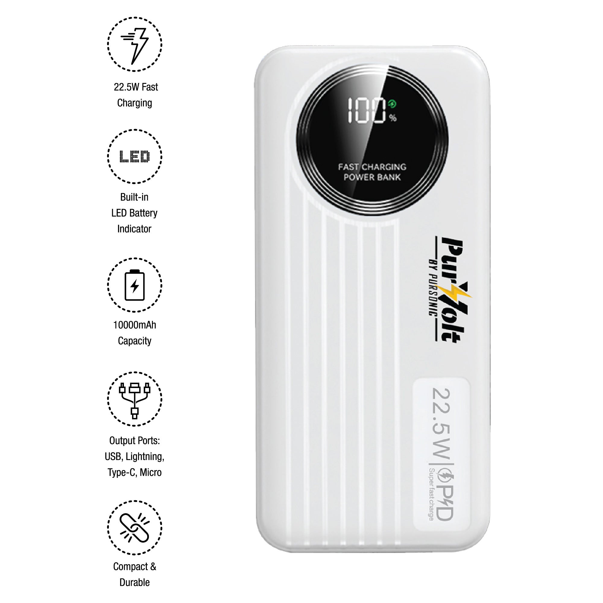 Pursonic 10,000mAh LED Fast Charging Power Bank – Built-in Cables, 22.5W Output, Type-C/USB/Lightning Compatibility - The misfit market