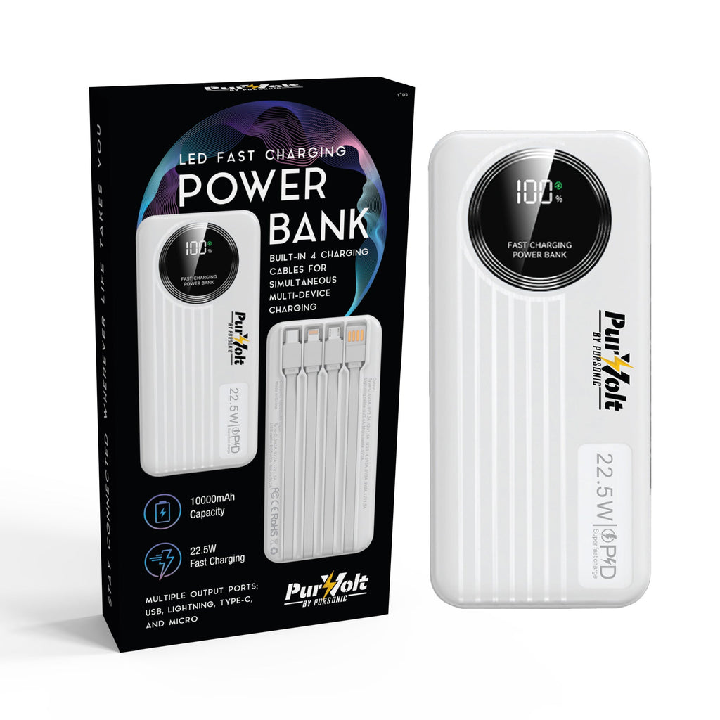 Pursonic 10,000mAh LED Fast Charging Power Bank – Built-in Cables, 22.5W Output, Type-C/USB/Lightning Compatibility - The misfit market