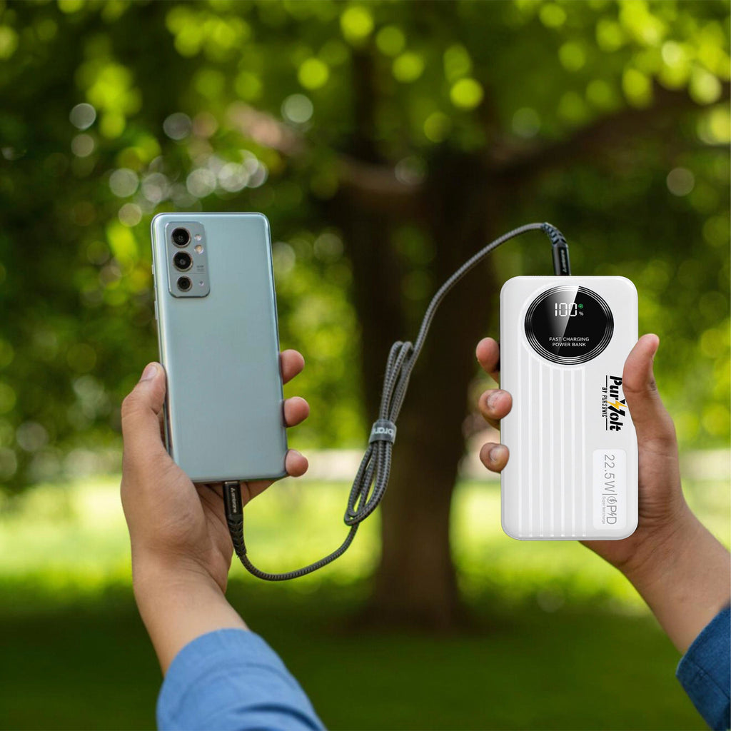 Pursonic 10,000mAh LED Fast Charging Power Bank – Built-in Cables, 22.5W Output, Type-C/USB/Lightning Compatibility - The misfit market