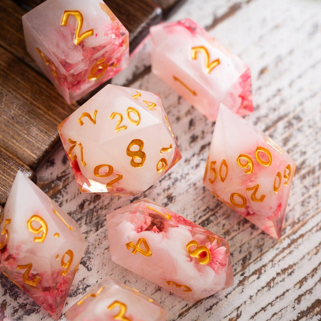 Pink Blossom Handmade Resin DND Dice Set - The misfit market