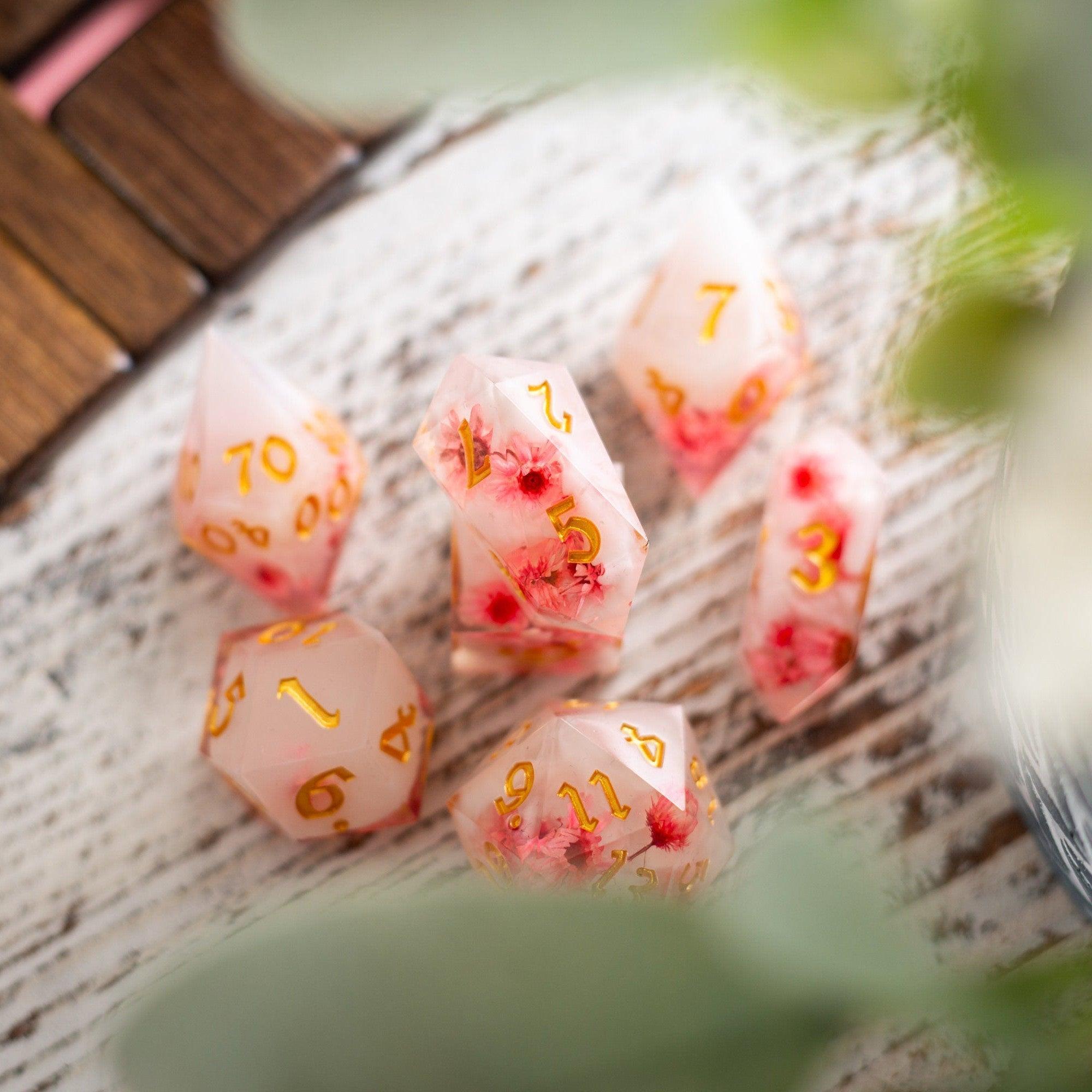 Pink Blossom Handmade Resin DND Dice Set - The misfit market