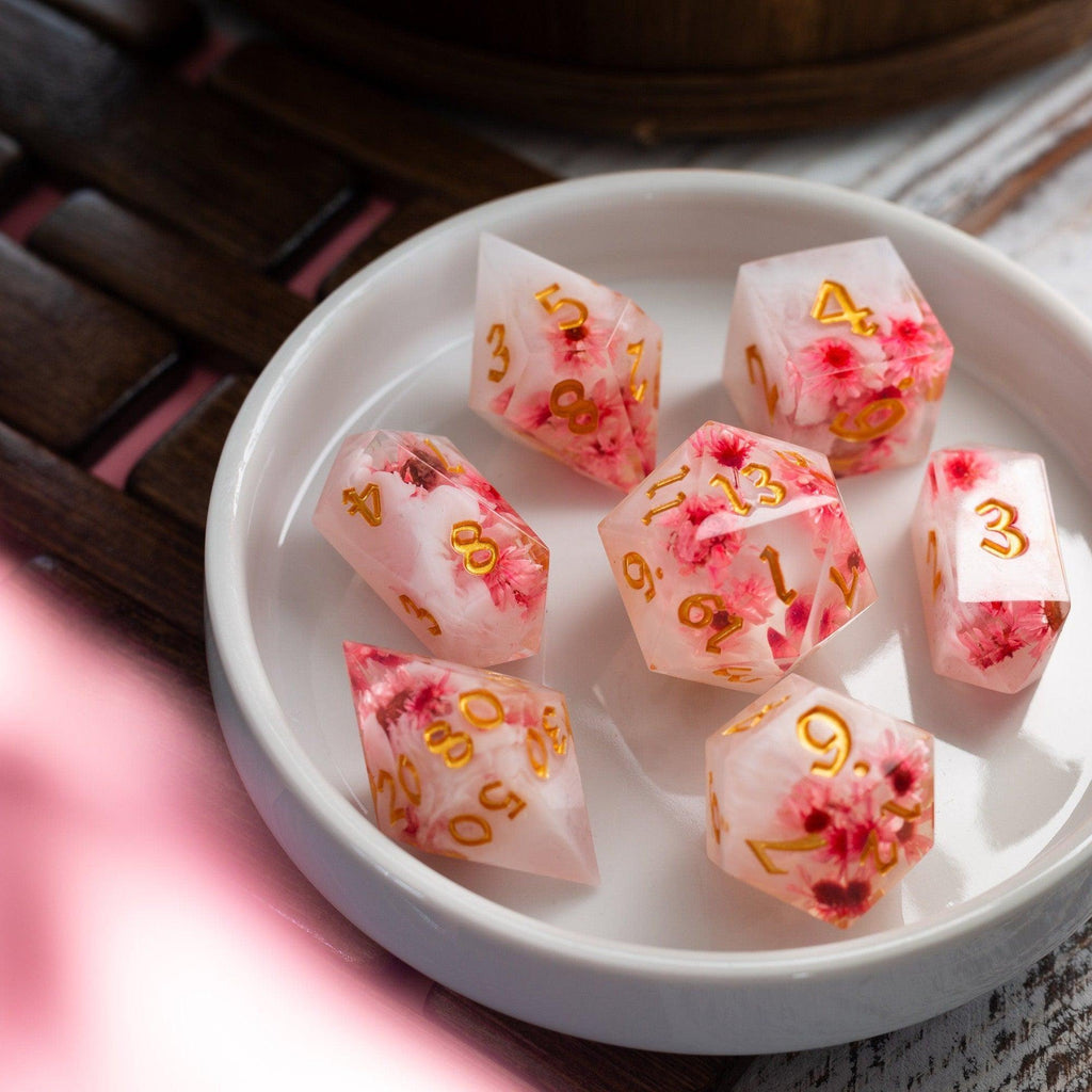 Pink Blossom Handmade Resin DND Dice Set - The misfit market