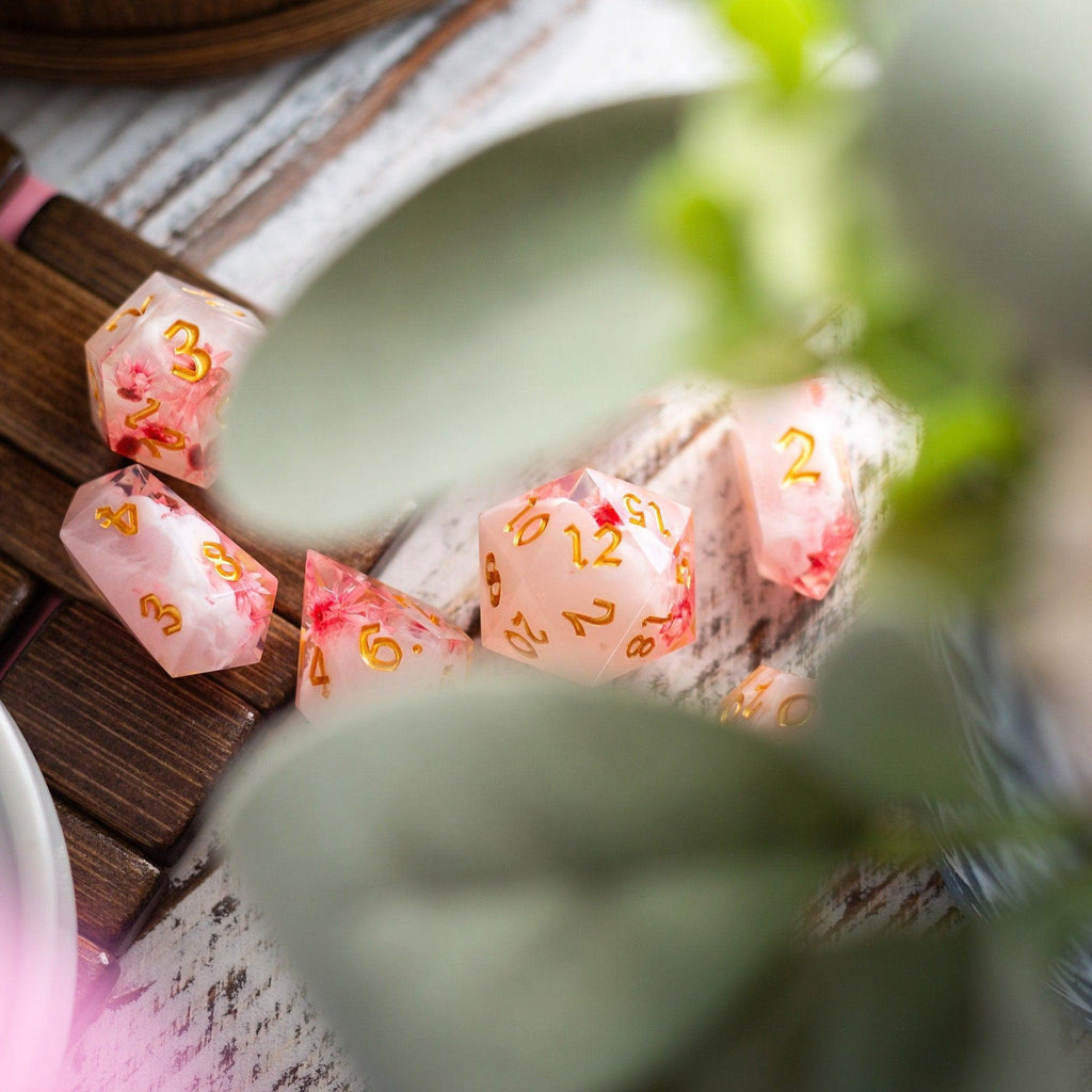 Pink Blossom Handmade Resin DND Dice Set - The misfit market