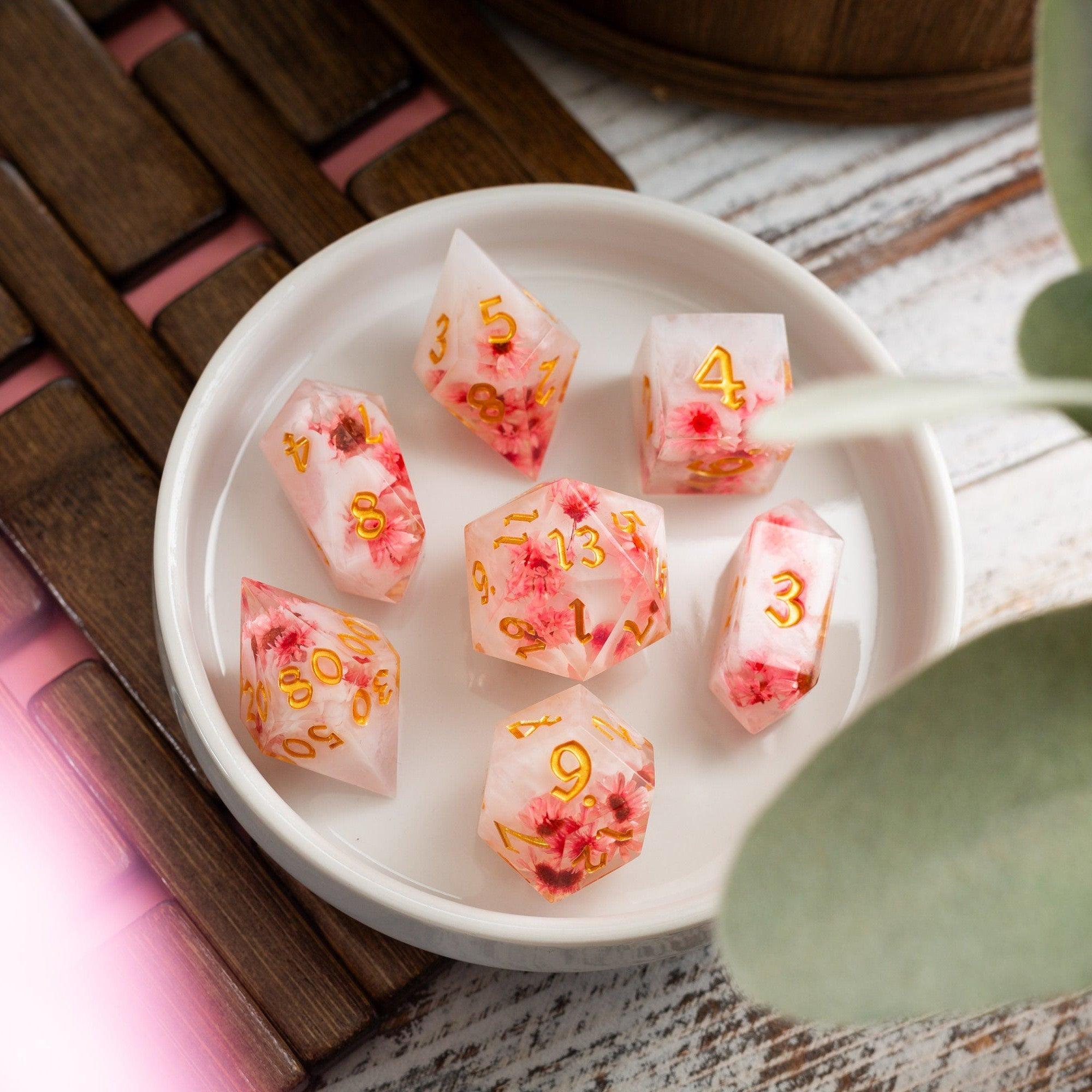 Pink Blossom Handmade Resin DND Dice Set - The misfit market