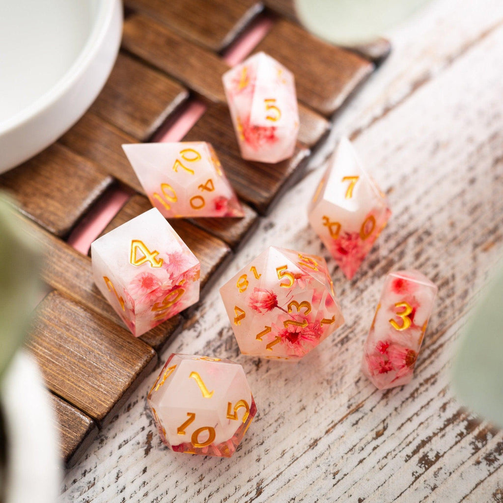Pink Blossom Handmade Resin DND Dice Set - The misfit market