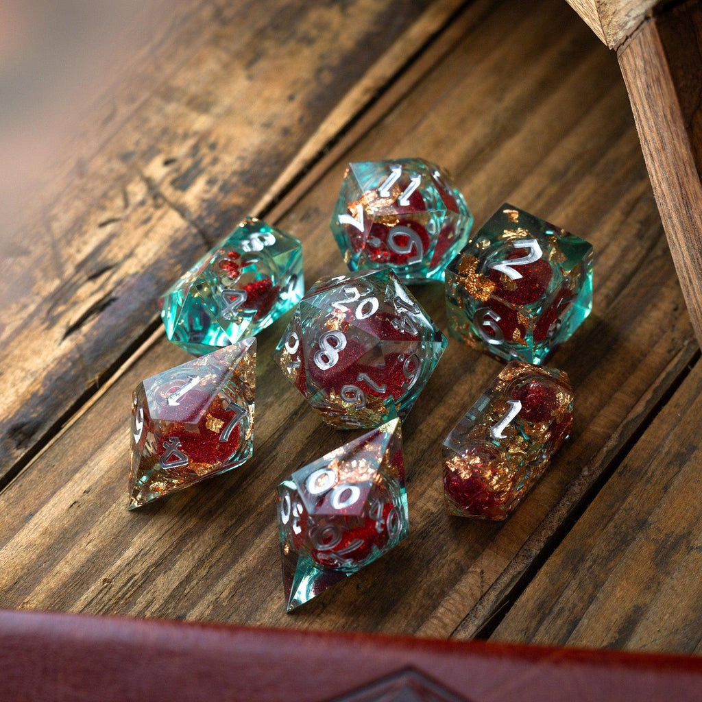 Red And Gold Glitter Liquid Core Handmade Resin DND Dice Set - The misfit market