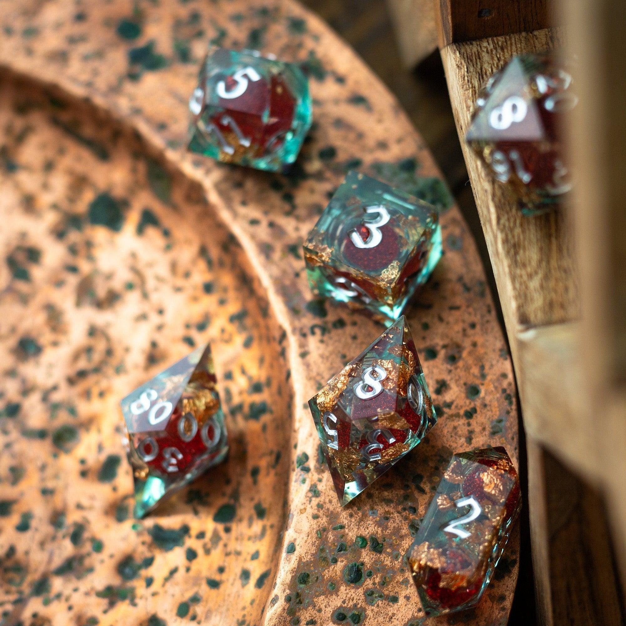 Red And Gold Glitter Liquid Core Handmade Resin DND Dice Set - The misfit market