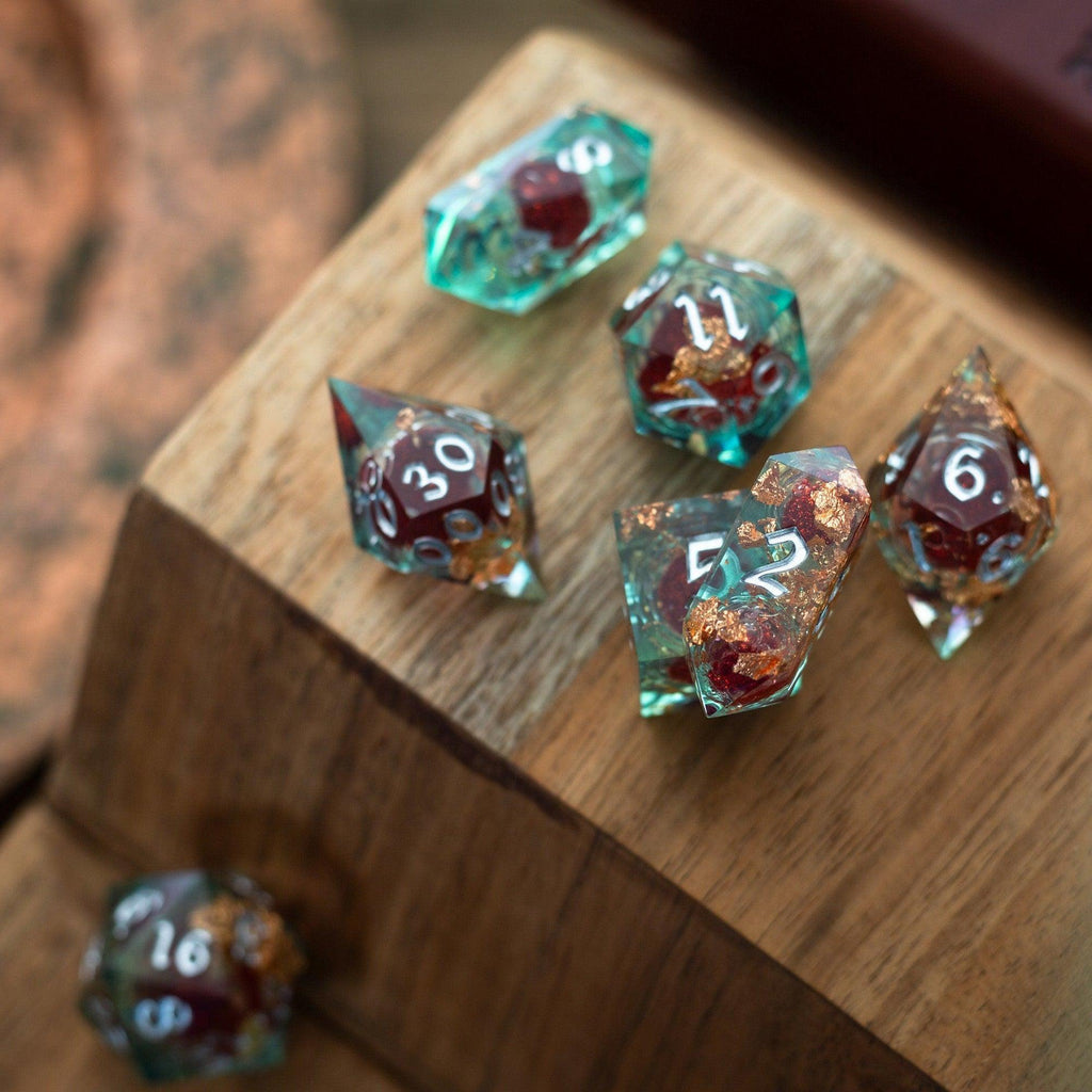 Red And Gold Glitter Liquid Core Handmade Resin DND Dice Set - The misfit market