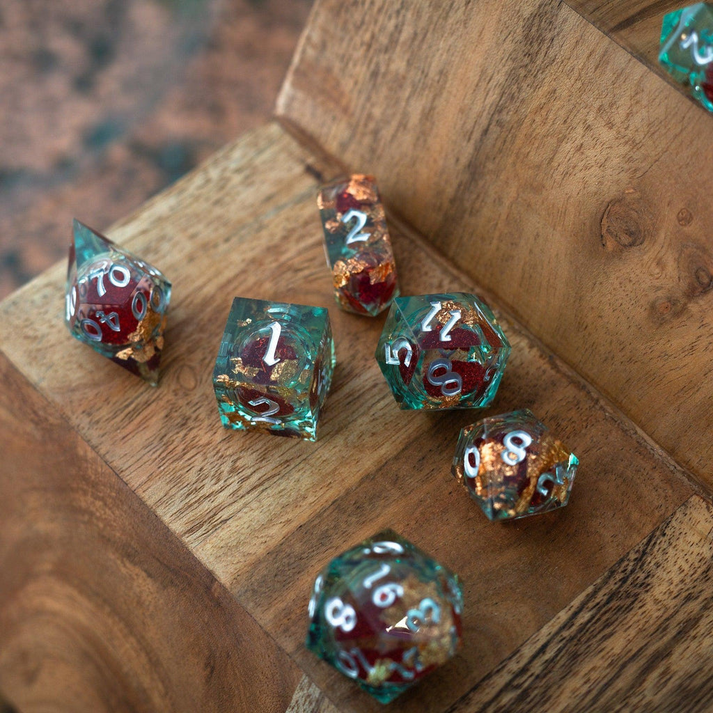 Red And Gold Glitter Liquid Core Handmade Resin DND Dice Set - The misfit market
