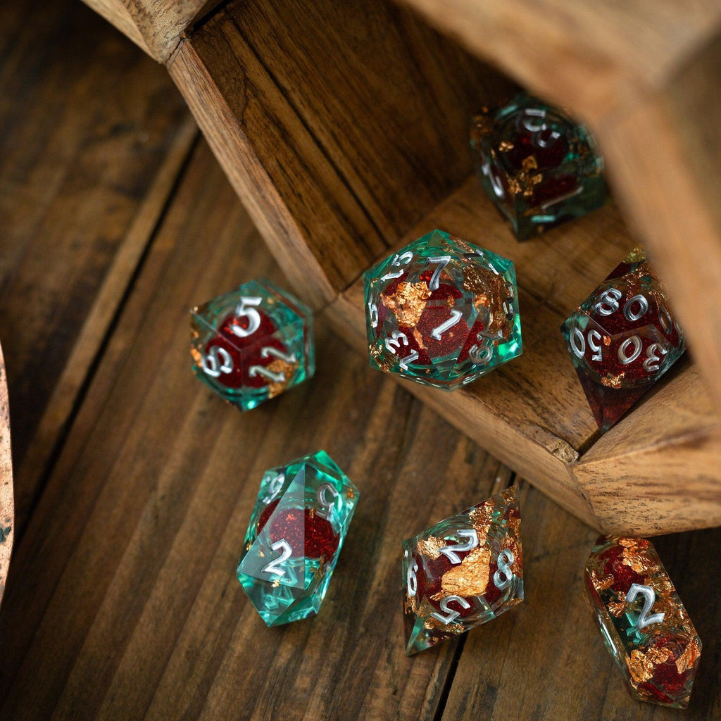 Red And Gold Glitter Liquid Core Handmade Resin DND Dice Set - The misfit market