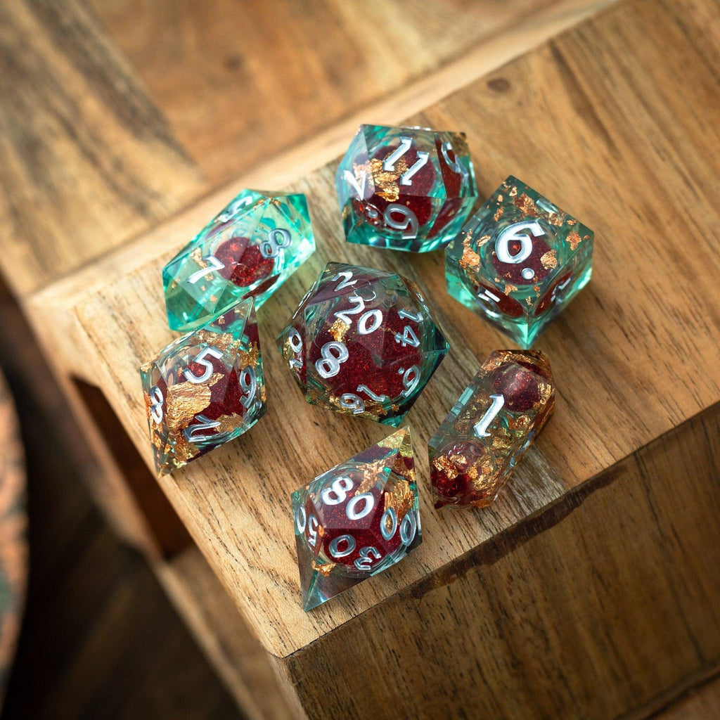 Red And Gold Glitter Liquid Core Handmade Resin DND Dice Set - The misfit market