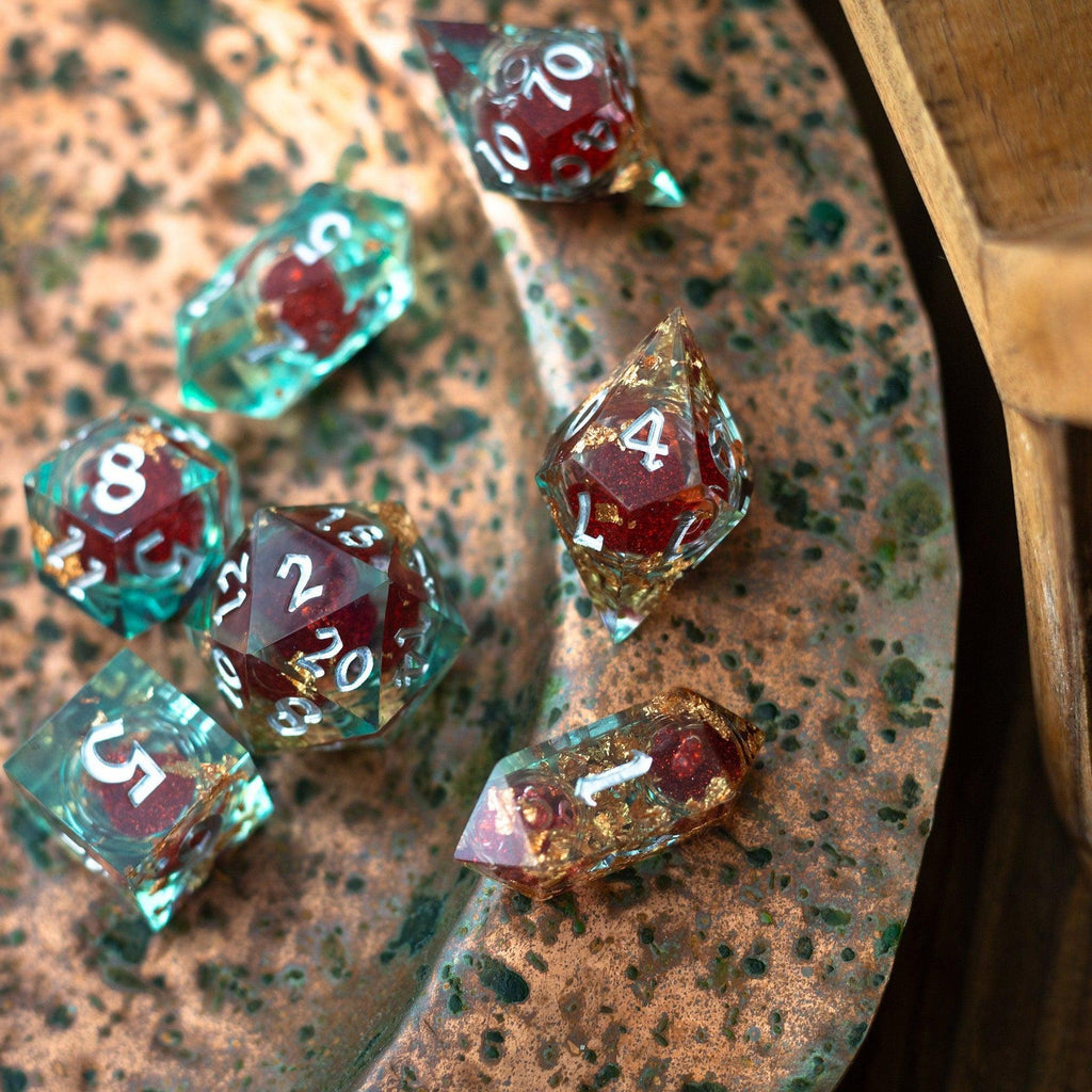 Red And Gold Glitter Liquid Core Handmade Resin DND Dice Set - The misfit market
