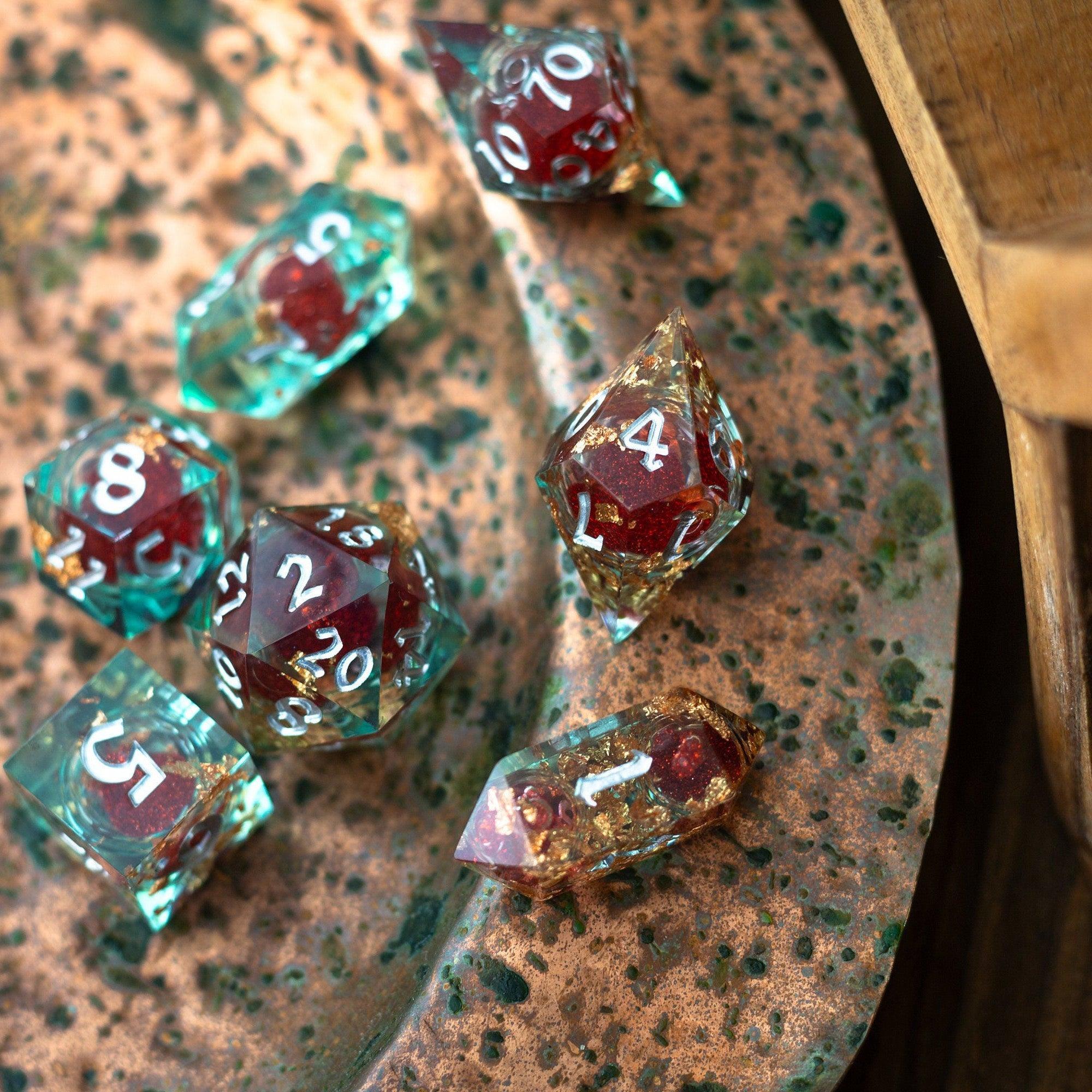 Red And Gold Glitter Liquid Core Handmade Resin DND Dice Set - The misfit market
